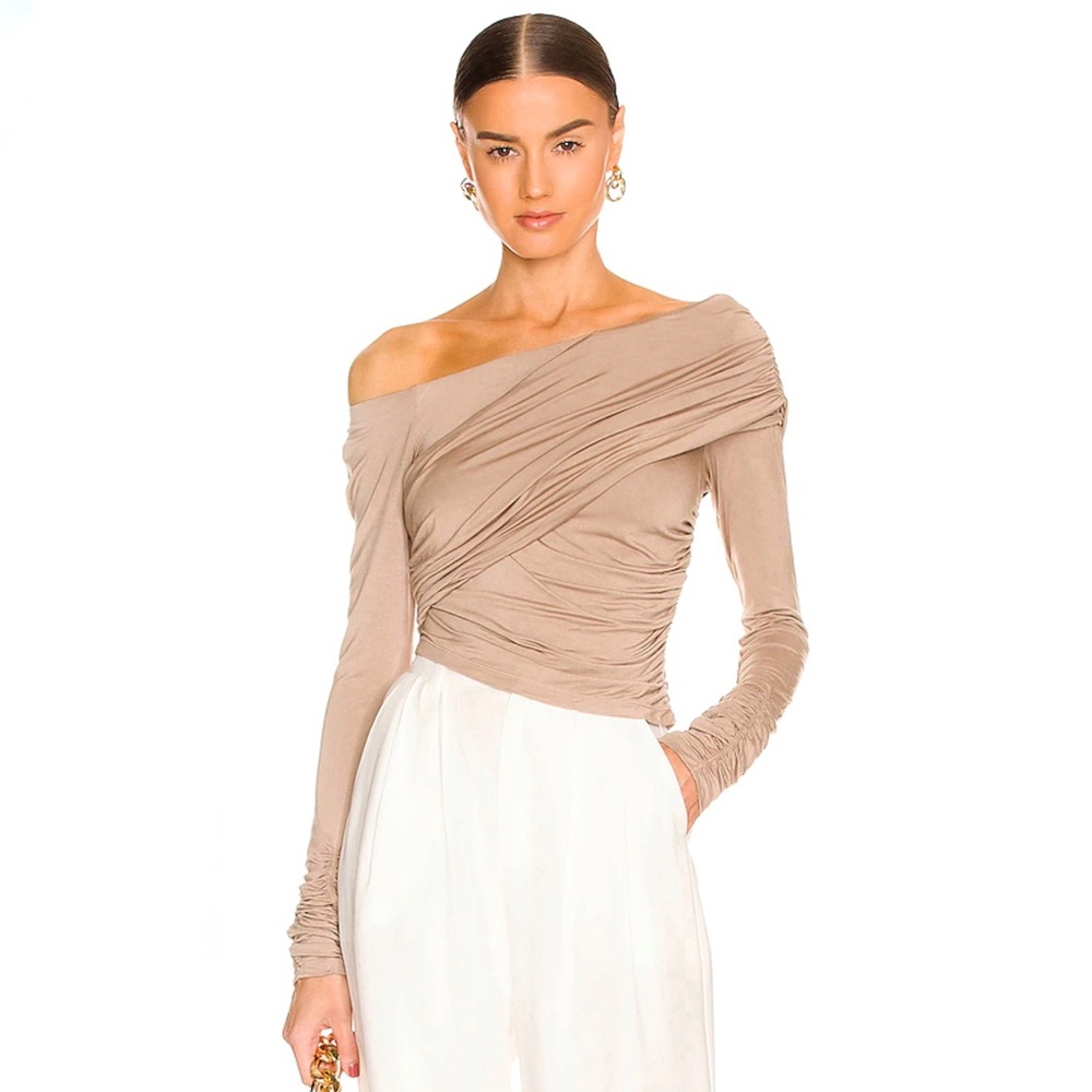 L’Academie Luciana Ruched Draped Taupe Beige Top S